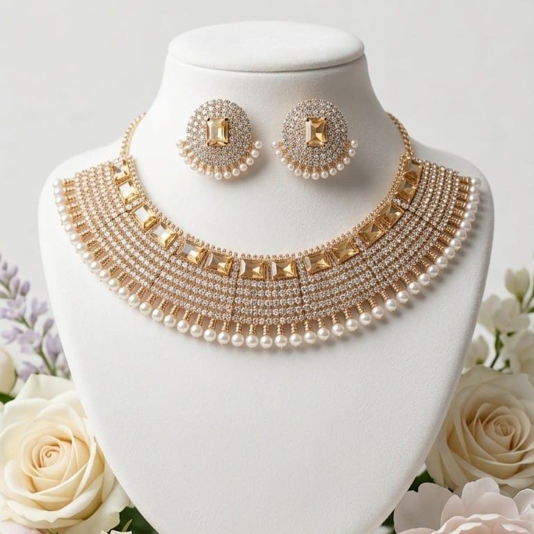 Royal Gold Crystal Choker Necklace Set - Gold Plated Statement Bridal Jewelry with Pearl Drops & Earrings